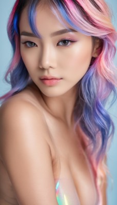 1girl,solo,long hair,breasts,looking at viewer,bangs,blue eyes,simple background,cleavage,bare shoulders,medium breasts,closed mouth,blue hair,collarbone,swimsuit,upper body,pink hair,bikini,multicolored hair,black eyes,two-tone hair,lips,grey eyes,eyelashes,makeup,blue background,multicolored clothes,eyeshadow,realistic,nose,multicolored bikini,brown eyes,underwear,purple hair,artist name,bra,blurry,wavy hair,mascara