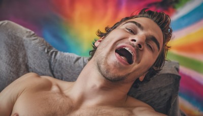 solo,looking at viewer,short hair,open mouth,blue eyes,brown hair,black hair,1boy,nipples,collarbone,upper body,male focus,nude,lying,one eye closed,teeth,tongue,facial hair,pectorals,portrait,topless male,realistic,stubble,rainbow,chest hair,arm hair,hairy,tongue out,on back,blurry,blurry background,upper teeth only