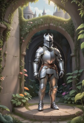 solo,1boy,standing,full body,flower,male focus,boots,outdoors,sky,day,belt,cloud,armor,tree,blue sky,sunlight,helmet,plant,shoulder armor,gauntlets,building,scenery,facing viewer,1other,pink flower,pauldrons,breastplate,arms at sides,armored boots,greaves,vines,faulds,castle,knight,full armor,ambiguous gender,orange flower,arch,helm,plate armor,weapon,horns,fantasy,vambraces,fake horns,ruins,pillar,horned helmet,overgrown,chainmail,ivy