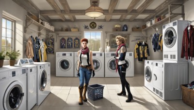 1girl,short hair,multiple girls,blonde hair,brown hair,shirt,gloves,1boy,2girls,bare shoulders,jacket,boots,belt,pants,indoors,fingerless gloves,scarf,window,plant,denim,jeans,tiles,suitcase,washing machine,standing,sleeveless,bodysuit,box,science fiction,realistic,potted plant,jacket removed,laundry