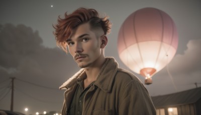 solo,looking at viewer,short hair,brown hair,shirt,1boy,brown eyes,closed mouth,jacket,upper body,male focus,outdoors,sky,cloud,blurry,night,facial hair,brown jacket,realistic,undercut,power lines,cloudy sky,portrait,beard