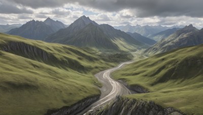 outdoors,sky,day,cloud,water,tree,no humans,cloudy sky,grass,nature,scenery,forest,mountain,river,landscape,mountainous horizon,fog,road,path,hill