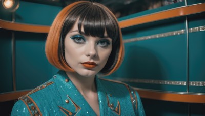 1girl,solo,looking at viewer,short hair,bangs,brown hair,shirt,black hair,brown eyes,closed mouth,upper body,multicolored hair,collared shirt,indoors,blunt bangs,orange hair,black eyes,two-tone hair,lips,streaked hair,eyelashes,makeup,buttons,bob cut,blue shirt,lipstick,eyeshadow,freckles,realistic,nose,red lips,eyeliner,portrait