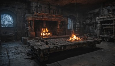 indoors,tree,no humans,window,fire,scenery,stairs,wall,ruins,barrel,fireplace,chair,table,torch,wood