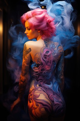 1girl,solo,looking at viewer,short hair,jewelry,yellow eyes,pink hair,ass,nude,cowboy shot,earrings,looking back,from behind,lips,tattoo,makeup,back,lipstick,arm tattoo,back tattoo,full-body tattoo,closed eyes,watermark,smoke,nose