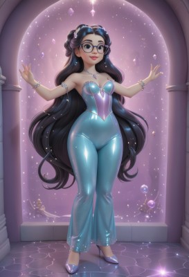 1girl,solo,long hair,breasts,looking at viewer,smile,blue eyes,black hair,hair ornament,dress,cleavage,bare shoulders,jewelry,medium breasts,very long hair,closed mouth,standing,collarbone,full body,earrings,small breasts,glasses,shiny,pants,artist name,armpits,water,necklace,star (symbol),high heels,arms up,bracelet,lips,see-through,hands up,sparkle,strapless,covered navel,makeup,blue dress,watermark,wavy hair,tiara,lipstick,gem,strapless dress,skin tight,web address,armlet,floating,wide hips,black-framed eyewear,shiny clothes,blue footwear,round eyewear,red lips,tight,pillar,open hands,pearl bracelet,multiple girls,2girls,parted lips,solo focus,mole,dancing,princess,column