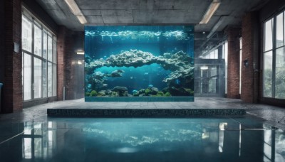 day,indoors,water,tree,no humans,window,sunlight,scenery,reflection,fish,underwater,door,architecture,pillar,light rays,tiles,tile floor,ruins,ceiling,hallway