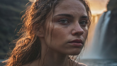 1girl, solo, long hair, brown hair, brown eyes, parted lips, blurry, lips, blurry background, messy hair, portrait, freckles, realistic, nose