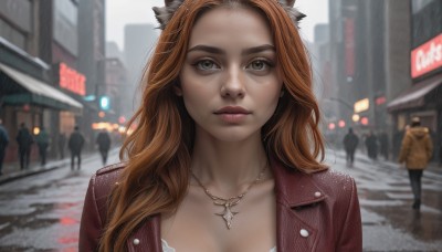 1girl,long hair,breasts,looking at viewer,brown hair,animal ears,cleavage,brown eyes,jewelry,closed mouth,green eyes,collarbone,jacket,upper body,outdoors,open clothes,solo focus,cat ears,necklace,orange hair,blurry,lips,eyelashes,depth of field,blurry background,red jacket,forehead,walking,rain,city,realistic,nose,road,leather,leather jacket,solo,parted lips,day,bra,street,people