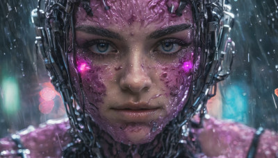 1girl, solo, looking at viewer, short hair, black hair, brown eyes, closed mouth, blurry, lips, wet, portrait, science fiction, rain, realistic, android, cyborg, cyberpunk