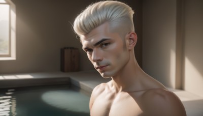 solo,looking at viewer,smile,short hair,blonde hair,1boy,closed mouth,collarbone,upper body,male focus,nude,indoors,water,lips,window,muscular,sunlight,pectorals,topless male,realistic,bathtub,chest hair,artist name,blurry,portrait