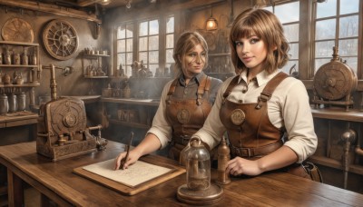 breasts,looking at viewer,smile,short hair,bangs,multiple girls,brown hair,shirt,holding,2girls,brown eyes,sitting,white shirt,collared shirt,belt,indoors,cup,lips,window,buttons,chair,table,bottle,steam,buckle,sleeves rolled up,paper,clock,pen,lamp,overalls,old,counter,steampunk,long hair,blonde hair,closed mouth,weapon,braid,day,signature,book,makeup,realistic,fantasy,leather,shelf,sleeves pushed up,jar,wooden table