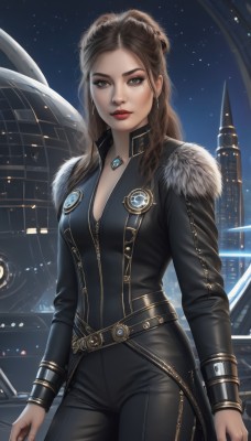 1girl,solo,long hair,breasts,looking at viewer,brown hair,long sleeves,cleavage,brown eyes,jewelry,medium breasts,closed mouth,standing,braid,cowboy shot,earrings,sky,belt,pants,artist name,necklace,lips,fur trim,bodysuit,makeup,night,black pants,lipstick,building,gem,star (sky),night sky,pendant,zipper,starry sky,science fiction,realistic,nose,red lips,leather