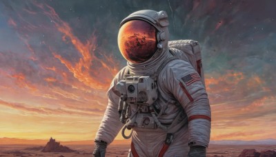 solo,gloves,outdoors,sky,cloud,signature,bag,from behind,moon,backpack,helmet,cloudy sky,star (sky),scenery,1other,starry sky,reflection,science fiction,sunset,mountain,realistic,sun,horizon,space,planet,ambiguous gender,orange sky,spacesuit,space helmet,astronaut,1boy,upper body,male focus,rock,american flag,spacecraft,japanese flag