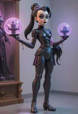 1girl,solo,long hair,breasts,blue eyes,black hair,jewelry,medium breasts,standing,full body,ponytail,small breasts,indoors,armor,high heels,bodysuit,makeup,cameltoe,glowing,lipstick,skin tight,corset,black bodysuit,magic,candle,black lips,looking at viewer,brown hair,hair ornament,multicolored hair,two-tone hair,facial mark,eyeshadow,skull,eyeliner,hair pulled back,skeleton,orb,gears,spine,crystal ball