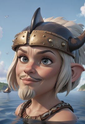 1girl,solo,smile,short hair,blue eyes,bare shoulders,jewelry,collarbone,white hair,outdoors,horns,sky,day,pointy ears,artist name,cloud,water,necklace,blurry,blue sky,lips,grey eyes,blurry background,facial hair,bird,ocean,helmet,portrait,partially submerged,freckles,realistic,nose,mustache,fake horns,closed mouth,eyelashes,beard,horned helmet