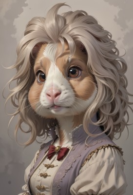 1girl,solo,long hair,breasts,looking at viewer,simple background,shirt,bow,animal ears,brown eyes,closed mouth,white shirt,upper body,short sleeves,grey hair,small breasts,puffy sleeves,bowtie,medium hair,grey background,vest,red bow,puffy short sleeves,lips,animal,brooch,messy hair,red bowtie,furry,realistic,furry female,whiskers,short hair,blonde hair,dress,frills,parted lips,cat