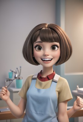 1girl,solo,breasts,looking at viewer,smile,short hair,open mouth,bangs,brown hair,shirt,holding,brown eyes,upper body,short sleeves,:d,small breasts,teeth,collared shirt,indoors,blunt bangs,blurry,apron,lips,depth of field,blurry background,fangs,bob cut,red shirt,freckles,female child,kitchen,toothbrush,artist name,eyelashes,watermark,wing collar,yellow shirt,realistic,nose,sink