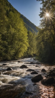 outdoors,sky,day,water,tree,blue sky,no humans,sunlight,nature,scenery,forest,reflection,rock,mountain,sun,river,landscape