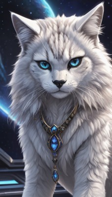 solo,looking at viewer,blue eyes,jewelry,closed mouth,upper body,sky,signature,necklace,no humans,animal,cat,gem,star (sky),pendant,starry sky,colored sclera,space,animal focus,white fur,planet,whiskers,earth (planet),blue gemstone,fluffy,blue sclera,artist name,moon,realistic