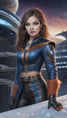 1girl,solo,long hair,breasts,looking at viewer,smile,brown hair,gloves,navel,brown eyes,jewelry,medium breasts,cowboy shot,earrings,sky,black gloves,midriff,belt,pants,cloud,necklace,lips,crop top,fur trim,makeup,night,black pants,moon,lipstick,gem,star (sky),night sky,eyeshadow,starry sky,nose,red lips,eyeliner,space,planet,long sleeves,closed mouth,standing,outdoors,artist name,wavy hair,gauntlets,backlighting,realistic