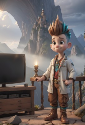 solo,smile,brown hair,1boy,brown eyes,jewelry,standing,jacket,full body,male focus,multicolored hair,boots,outdoors,sky,belt,pants,cloud,necklace,brown footwear,cloudy sky,spiked hair,pointing,child,rock,mountain,male child,television,blue hair,artist name,bracelet,two-tone hair,fire,mohawk