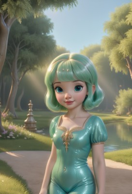 1girl,solo,breasts,looking at viewer,smile,short hair,bangs,blue eyes,dress,navel,cleavage,closed mouth,standing,collarbone,flower,short sleeves,cowboy shot,hairband,small breasts,outdoors,green hair,sky,day,puffy sleeves,shiny,artist name,blunt bangs,water,aqua eyes,tree,puffy short sleeves,lips,aqua hair,bodysuit,covered navel,sunlight,grass,nature,skin tight,shiny clothes,realistic,nose,arms at sides,bush,dappled sunlight,river,path,pond,medium breasts,green eyes,blue sky,watermark,web address,lake