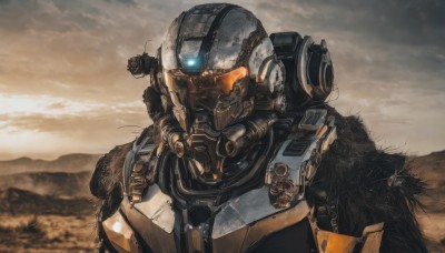 solo,blue eyes,1boy,upper body,weapon,male focus,sky,cloud,armor,gun,no humans,glowing,helmet,robot,mecha,glowing eyes,1other,science fiction,mountain,realistic,cable,glowing eye,outdoors,looking to the side,cloudy sky,dirty,damaged,power armor,desert