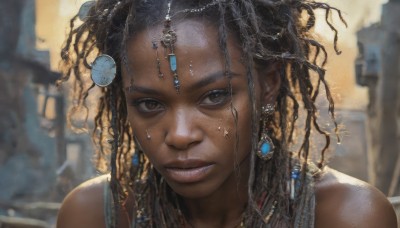 1girl,solo,long hair,looking at viewer,brown hair,black hair,hair ornament,bare shoulders,brown eyes,jewelry,earrings,outdoors,parted lips,teeth,dark skin,necklace,blurry,dark-skinned female,lips,eyelashes,depth of field,blurry background,facial mark,gem,portrait,forehead,curly hair,realistic,nose,very dark skin,dreadlocks,head chain,closed mouth,braid,close-up,facepaint,multiple braids