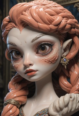 1girl,solo,long hair,looking at viewer,brown hair,brown eyes,jewelry,braid,red hair,earrings,pointy ears,necklace,orange hair,blurry,twin braids,lips,eyelashes,makeup,blurry background,slit pupils,gem,pale skin,portrait,close-up,freckles,snake,red lips,scales,multiple braids,blush,hair ornament,closed mouth,collarbone,lipstick,nose,eyeliner,crown braid,mascara