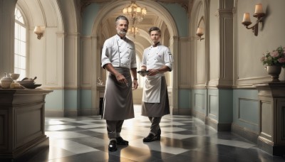 looking at viewer,smile,short hair,shirt,black hair,standing,flower,male focus,multiple boys,shoes,pants,indoors,dark skin,2boys,black footwear,black eyes,apron,cup,window,buttons,holding hands,facial hair,black pants,dark-skinned male,waist apron,beard,reflection,mature male,mustache,double-breasted,lamp,teapot,checkered floor,hair slicked back,vase,chandelier,chef,holding,white shirt,food,shadow,plant,undercut