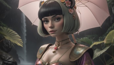 1girl,solo,breasts,looking at viewer,short hair,bangs,black hair,hair ornament,holding,animal ears,cleavage,jewelry,collarbone,upper body,flower,multicolored hair,small breasts,outdoors,parted lips,green hair,choker,artist name,hair flower,blunt bangs,necklace,armor,black eyes,two-tone hair,lips,grey eyes,eyelashes,makeup,leaf,umbrella,bob cut,plant,shoulder armor,nature,pink flower,pendant,eyeshadow,freckles,rain,pauldrons,holding umbrella,nose,medium breasts,closed mouth,white hair,signature,water,hair bun,double bun,realistic,waterfall