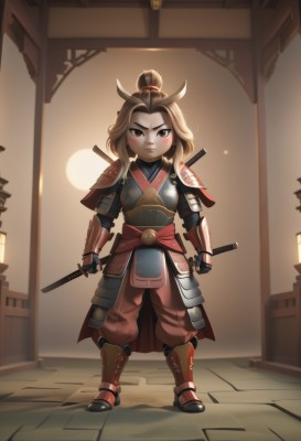 1girl,solo,long hair,looking at viewer,blush,brown hair,holding,brown eyes,closed mouth,standing,full body,weapon,japanese clothes,pants,sword,indoors,medium hair,hair bun,holding weapon,armor,makeup,holding sword,single hair bun,katana,shoulder armor,gauntlets,sheath,pauldrons,sheathed,breastplate,armored boots,japanese armor,scabbard,greaves,architecture,arm guards,east asian architecture,red pants,topknot,samurai,gloves,ponytail,boots,outdoors,fingerless gloves,blush stickers,backlighting