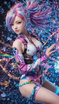 1girl,solo,long hair,breasts,looking at viewer,bangs,blue eyes,cleavage,bare shoulders,medium breasts,closed mouth,ponytail,pink hair,multicolored hair,detached sleeves,belt,two-tone hair,leotard,lips,makeup,thigh strap,floating hair,chain,zipper,realistic