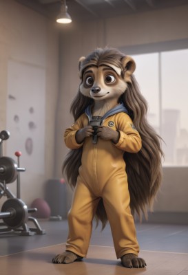 1girl,solo,long hair,looking at viewer,smile,brown hair,long sleeves,1boy,holding,animal ears,brown eyes,very long hair,closed mouth,standing,full body,male focus,barefoot,artist name,indoors,blurry,blurry background,child,furry,furry female,camera,furry male,male child,body fur,jumpsuit,brown fur,holding camera,gloves,jacket,tail,hood,window,hoodie,depth of field,thick eyebrows,hood down,claws,brown gloves,zipper,freckles,animal hands,drawstring,zipper pull tab,animal nose,snout