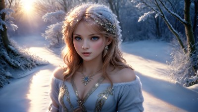 HQ,1girl,solo,long hair,breasts,looking at viewer,blush,smile,blue eyes,blonde hair,hair ornament,dress,cleavage,bare shoulders,jewelry,medium breasts,collarbone,upper body,earrings,outdoors,parted lips,necklace,off shoulder,tree,lips,blue dress,sunlight,gem,nature,snow,pendant,forest,snowing,realistic,winter,pine tree,sun