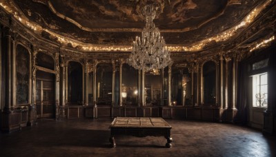 indoors,no humans,window,chair,table,sunlight,scenery,light rays,stairs,door,light,candle,bench,architecture,pillar,statue,ceiling,church,arch,candlestand,chandelier,column,day,shadow,wooden floor,fantasy,tile floor,vase,painting (object)