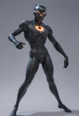 solo,1boy,standing,full body,male focus,grey background,bodysuit,glowing,helmet,glowing eyes,science fiction,black bodysuit,neon trim,tokusatsu,looking at viewer,simple background,orange eyes,power suit