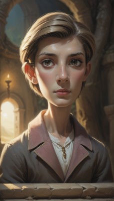 1girl,solo,looking at viewer,short hair,brown hair,shirt,brown eyes,jewelry,closed mouth,jacket,white shirt,upper body,collared shirt,artist name,indoors,necklace,blurry,lips,eyelashes,freckles,realistic,nose,candle,parted lips,portrait