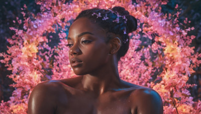 1girl, solo, breasts, short hair, black hair, hair ornament, brown eyes, jewelry, collarbone, upper body, flower, nude, earrings, parted lips, dark skin, hair bun, dark-skinned female, lips, looking away, piercing, single hair bun, cherry blossoms, realistic, nose, very dark skin