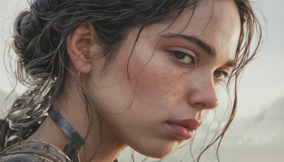 1girl,solo,long hair,looking at viewer,brown hair,black hair,brown eyes,jewelry,braid,earrings,parted lips,choker,blurry,black eyes,from side,lips,blurry background,portrait,close-up,freckles,realistic,nose,simple background,looking to the side,eyelashes,messy hair