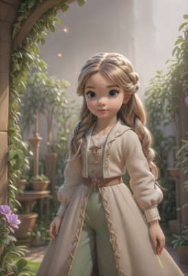 1girl,solo,long hair,looking at viewer,smile,blue eyes,blonde hair,brown hair,long sleeves,dress,brown eyes,closed mouth,standing,braid,flower,outdoors,puffy sleeves,belt,pants,blurry,black eyes,twin braids,lips,grey eyes,plant,forehead,arms at sides,potted plant,green pants,day,artist name,depth of field,blurry background,sunlight,thick eyebrows,freckles