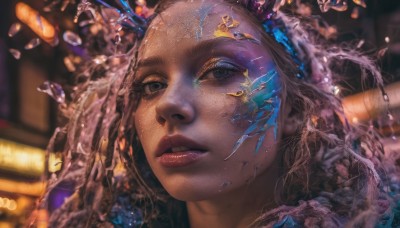 1girl,solo,long hair,looking at viewer,brown hair,parted lips,artist name,dark skin,blurry,black eyes,dark-skinned female,lips,eyelashes,makeup,depth of field,blurry background,portrait,freckles,crystal,realistic,nose,teeth,water,close-up