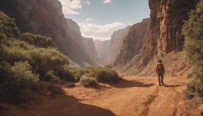 solo,1boy,hat,standing,outdoors,sky,day,pants,cloud,signature,bag,from behind,tree,shadow,backpack,helmet,grass,nature,scenery,1other,forest,walking,rock,mountain,road,bush,landscape,ambiguous gender,path,male focus,cloudy sky,desert