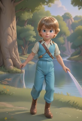 1girl,solo,looking at viewer,smile,short hair,bangs,blue eyes,blonde hair,brown hair,shirt,1boy,holding,standing,full body,white shirt,short sleeves,male focus,boots,outdoors,sky,day,collared shirt,water,tree,lips,brown footwear,suspenders,grass,child,nature,forest,freckles,overalls,male child,river,belt,vest,leaf,lake,fishing rod