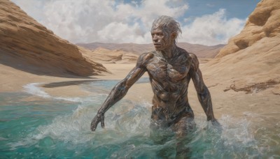 solo,open mouth,1boy,standing,white hair,male focus,outdoors,sky,teeth,day,cloud,dark skin,water,blue sky,wet,muscular,ocean,beach,dark-skinned male,cloudy sky,wading,science fiction,realistic,sand,cyborg,waves,short hair,closed eyes,nude,abs,rock,old,old man