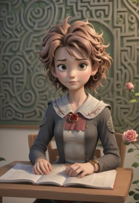 1girl,solo,breasts,looking at viewer,short hair,skirt,brown hair,shirt,long sleeves,brown eyes,jewelry,sitting,closed mouth,jacket,flower,earrings,indoors,bracelet,lips,book,ascot,rose,chair,table,thick eyebrows,brooch,messy hair,pink flower,freckles,curly hair,open book,pink rose,blush,dress,desk