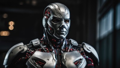 solo,looking at viewer,1boy,brown eyes,upper body,male focus,armor,blurry,blurry background,helmet,robot,science fiction,android,cyborg,power armor,cyberpunk,mask,depth of field,portrait,machinery,realistic,cable,bald,humanoid robot