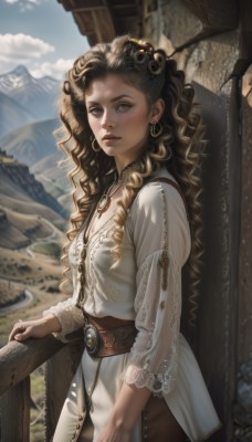 1girl,solo,long hair,breasts,looking at viewer,blue eyes,blonde hair,brown hair,long sleeves,dress,jewelry,standing,cowboy shot,earrings,small breasts,outdoors,parted lips,sky,day,belt,artist name,cloud,dark skin,necklace,white dress,blurry,from side,dark-skinned female,blue sky,lips,grey eyes,eyelashes,makeup,blurry background,wavy hair,brooch,gem,lace,freckles,curly hair,mountain,realistic,nose,brown belt,shirt,black hair,hair ornament,brown eyes,watermark,sunlight,blouse