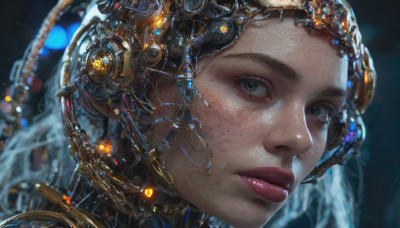 1girl, solo, looking at viewer, brown hair, brown eyes, closed mouth, blurry, lips, eyelashes, makeup, expressionless, portrait, freckles, science fiction, realistic, nose, cable